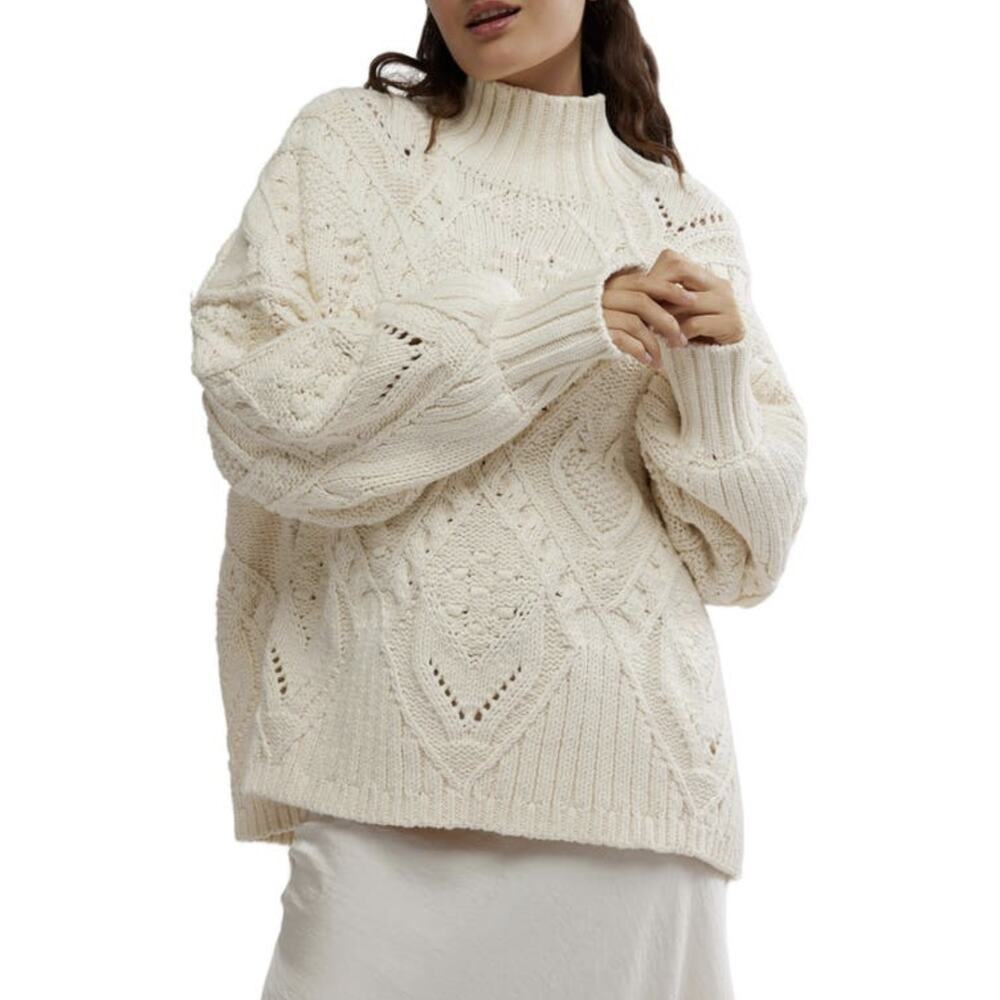 Free People Heart You Oversize Turtleneck Sweater Heart Knit Sz XS Ivory Chunky